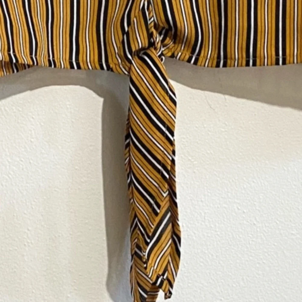 Daisy May mustard yellow and black vertical striped cropped front tie blouse - Picture 4 of 7